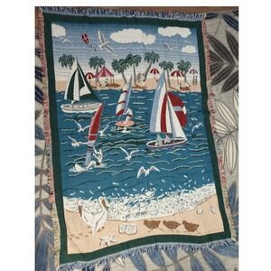 Vintage Goodwin Weavers Sailboat Coastal Woven Cotton Throw Blanket 66"x48" USA